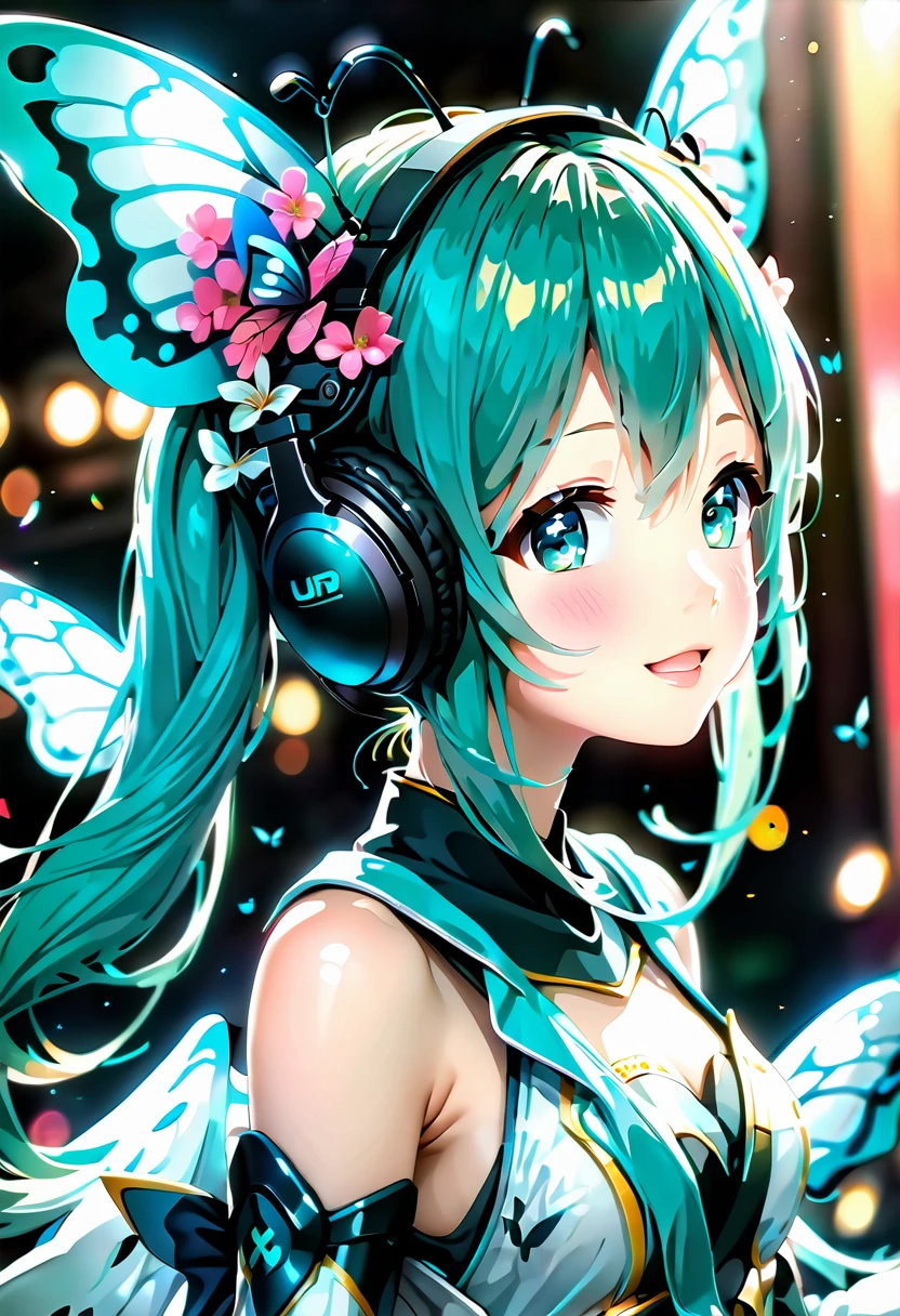 linda garota hatsune miku, lindos olhos detalhados, lindos lábios detalhados, Rosto e características extremamente detalhados, traje cibernético, asas de borboleta de cor fantástica, Vôo, sorridente, acenando, segurando o microfone, salão escuro ao vivo, público, monitor ao vivo, iluminação fantástica,Perspectiva diagonal por trás,(melhor qualidade,4K,8K,alta resolução,obra de arte:1.2),Ultra-detalhado,HDR,Ultra HD,iluminação de estúdio,pintura ultrafina,foco nitído,renderização baseada fisicamente,descrição detalhada extrema,profissional,cores vivas,Bokeh,anime,sakura,colorida