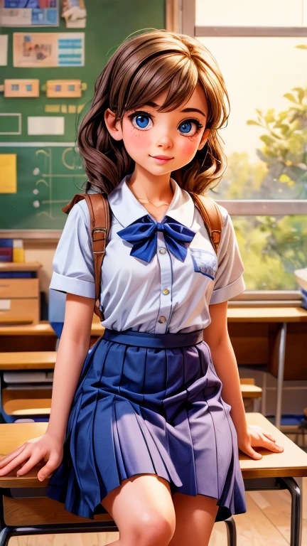 a young girl with a mischievous expression, school classroom, detailed face, beautiful detailed eyes, beautiful detailed lips, extremely detailed eyes and face, long eyelashes, school uniform, sitting at a desk, dramatic lighting, cinematic composition, vibrant colors, moody atmosphere, realistic, photorealistic, photo-realistic, best quality, 8k, highres, masterpiece, ultra-detailed