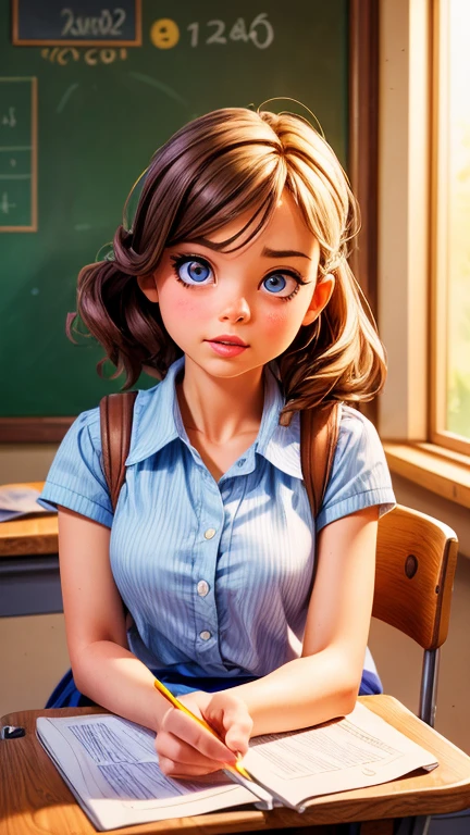 a mean girl in a classroom, tripping her friend, beautiful detailed eyes, beautiful detailed lips, extremely detailed eyes and face, longeyelashes, 1girl, school uniform, mischievous expression, classroom environment, desks, chairs, blackboard, sneaky, (best quality,4k,8k,highres,masterpiece:1.2),ultra-detailed,(realistic,photorealistic,photo-realistic:1.37),digital painting, vibrant colors, cinematic lighting, dramatic shadows