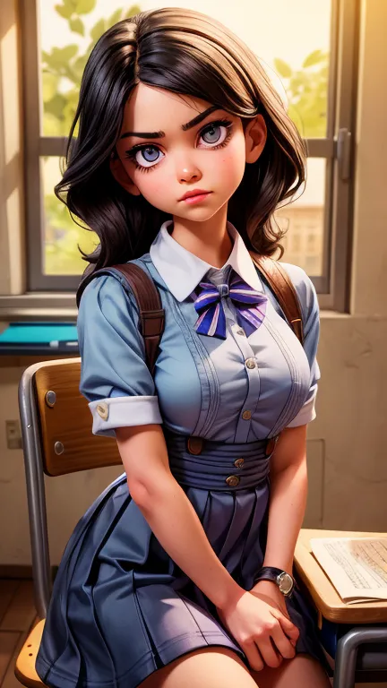 A mean girl in a school classroom, glaring sideways with a malicious expression, detailed facial features, beautiful detailed ey...