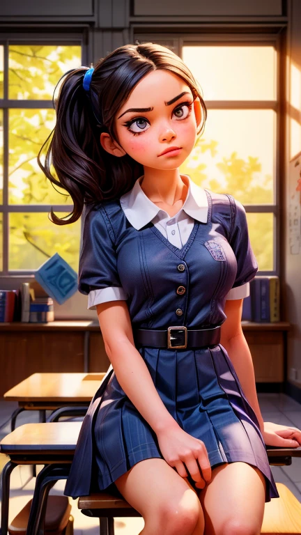 A mean girl in a school classroom, glaring sideways with a malicious expression, detailed facial features, beautiful detailed eyes, beautiful detailed lips, extremely detailed eyes and face, long eyelashes, school uniform, sitting at a desk, dramatic lighting, dark moody colors, cinematic lighting, dramatic shadows, high contrast, digital art, award winning, masterpiece