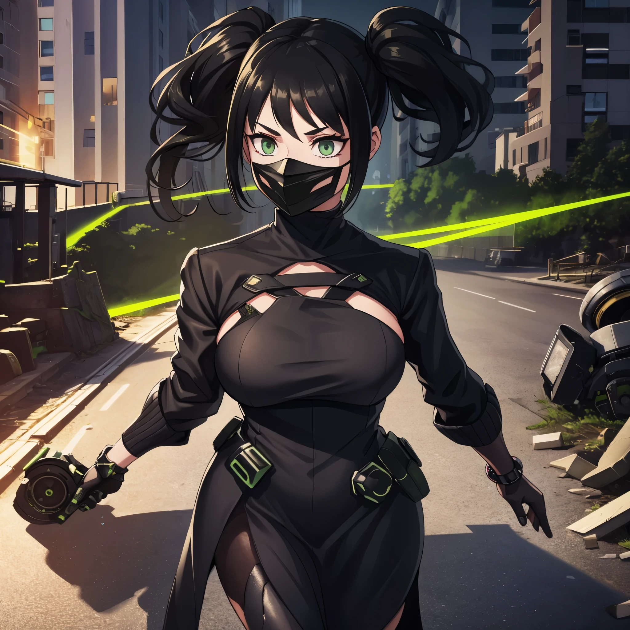 a woman wearing a futuristic black mask with green details, wearing a black dress with green details, black steel boots, black steel bracelet, green eyes, black hair, pigtails, big breasts, walking on the sidewalk of a city ruin all destroyed, with explosion in the background, place during the day , UHD , masterpiece, accurate, anatomically correct, textured skin, super detail, high quality, best quality, 8k, high resolution, bokeh effect.(solo woman)
