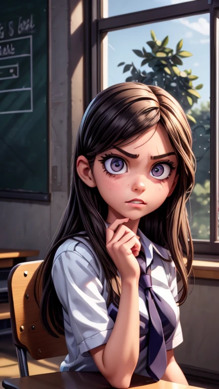 a mean girl in a classroom, glaring sideways, detailed eyes, detailed face, beautiful detailed lips, long eyelashes, school uniform, angry expression, dramatic lighting, cinematic atmosphere, vibrant colors, photorealistic, 8k, high quality, concept art