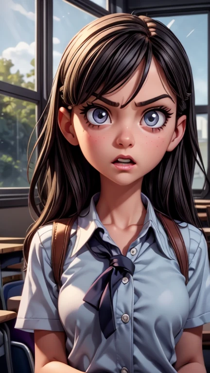 a mean girl in a classroom, glaring sideways, detailed eyes, detailed face, beautiful detailed lips, long eyelashes, , angry expression, dramatic lighting, cinematic atmosphere, vibrant colors, photorealistic, 8k, high quality, concept art