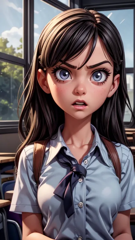a mean girl in a classroom, glaring sideways, detailed eyes, detailed face, beautiful detailed lips, long eyelashes, school unif...