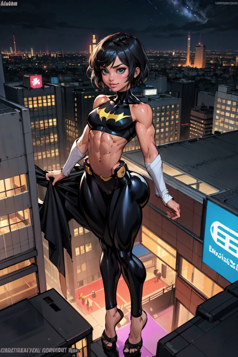 (obra de arte, melhor qualidade),1 garota, Sozinho, cassandra cain, terno de batgirl, calças pretas, Cabelo preto, Olhos castanhos, sorriso,
cidade de akihabara, dos mortos,  noite,  de cima, Telhado em pé, sinal de neon, Centro de jogos,(obra de arte:1.2), (melhor qualidade:1.2), olhos perfeitos, Rosto Perfeito, iluminação volumétrica, abdômen, (muscular, quadris largos, coxas grossas, seios pequenos:1.5), (Vista superior do corpo), visão de três quartos