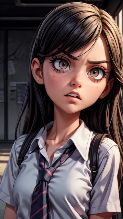 a mean girl, behind the school, glaring sideways, detailed eyes, detailed face, beautiful detailed lips, long eyelashes, school ...