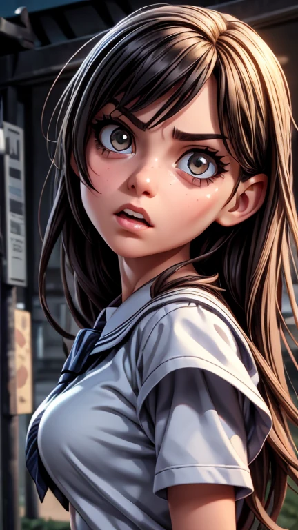 a mean girl, behind the school, glaring sideways, detailed eyes, detailed face, beautiful detailed lips, long eyelashes, school uniform, angry expression, dramatic lighting, cinematic atmosphere, vibrant colors, photorealistic, 8k, high quality, concept art