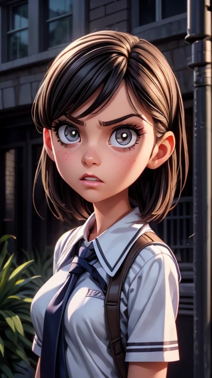 a mean girl, behind the school, glaring sideways, detailed eyes, detailed face, beautiful detailed lips, long eyelashes, school uniform, angry expression, dramatic lighting, cinematic atmosphere, vibrant colors, photorealistic, 8k, high quality, concept art