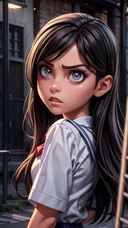 a mean girl, behind the school, glaring sideways, detailed eyes, detailed face, beautiful detailed lips, long eyelashes, school ...