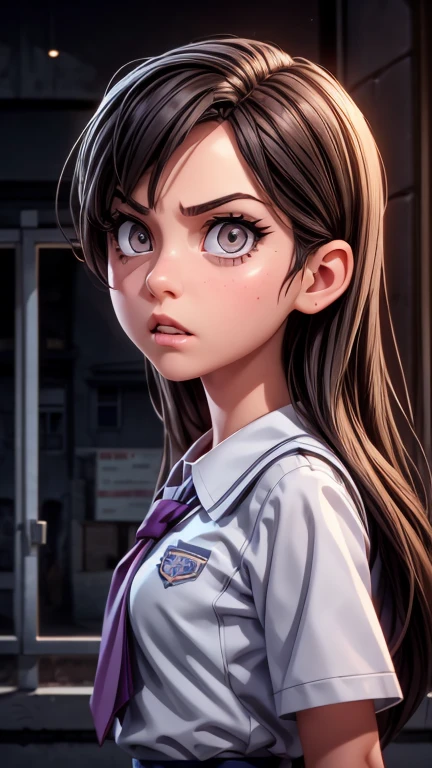 a mean girl, behind the school, glaring sideways, detailed eyes, detailed face, beautiful detailed lips, long eyelashes, school uniform, angry expression, dramatic lighting, cinematic atmosphere, vibrant colors, photorealistic, 8k, high quality, concept art