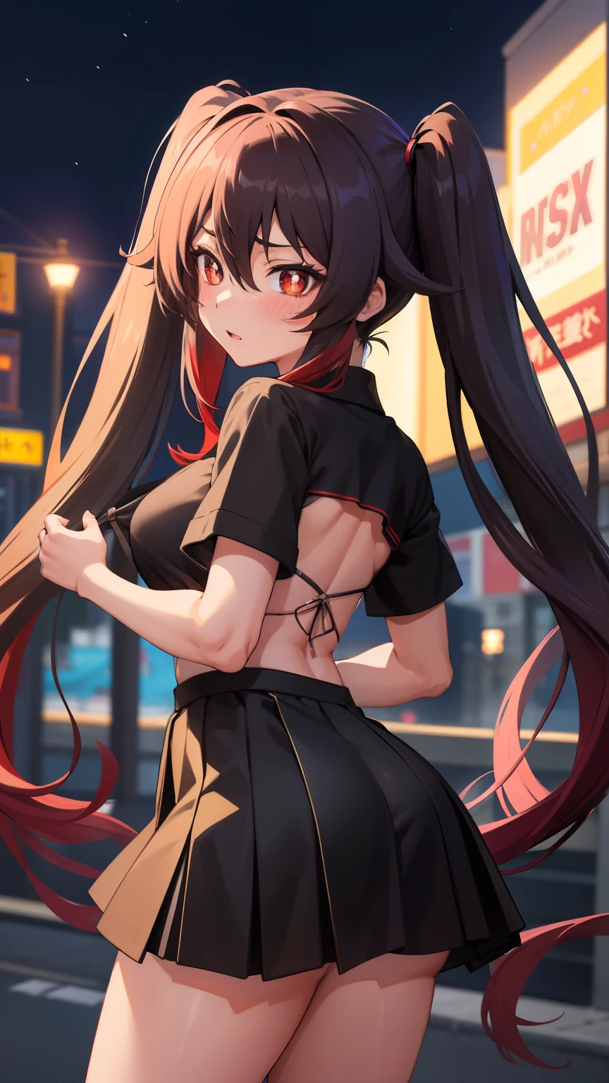 masterpiece, best quality, HuTaoV4, 1girl, solo, blush, twintails, long hair, hair between eyes, ((streetwear clothes)), city, outdoors, night, movie poster, extremely detailed 8K, smooth, high resolution, ultra quality, cinematic lighting, ambient occlusion, hd, 2k, 4k, 8k, 16k, extremely detailed anime, detailed faces, perfect composition, wide shot, atmospheric lighting, very sexy, lift skirt, random low back angle, uncensored, nsfw, sin censura