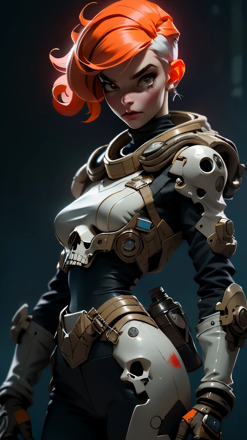 A highly detailed and realistic skull girl,( Anya. Taylor Joy) cyberpunk character, mad max furiosa, one hand robot, cyborg arm, orange hair, dramatic metal heavy rock theme, best quality, 8k, hyperrealistic, photorealistic, extreme detailed painting, studio lighting, vivid colors, dark moody atmosphere, cinematic, dramatic pose, intricate mechanical details, glowing energy effects, intense gritty textures, seamless integration of organic and inorganic elements. Wearing the used clothes of a wastelander. Background: An apocalyptic wasteland. Dusty and depressing., sexy pose, walking
