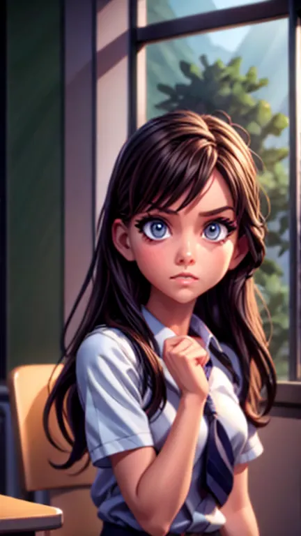 a mean girl in a classroom, glaring sideways, detailed eyes, detailed face, beautiful detailed lips, long eyelashes, school unif...