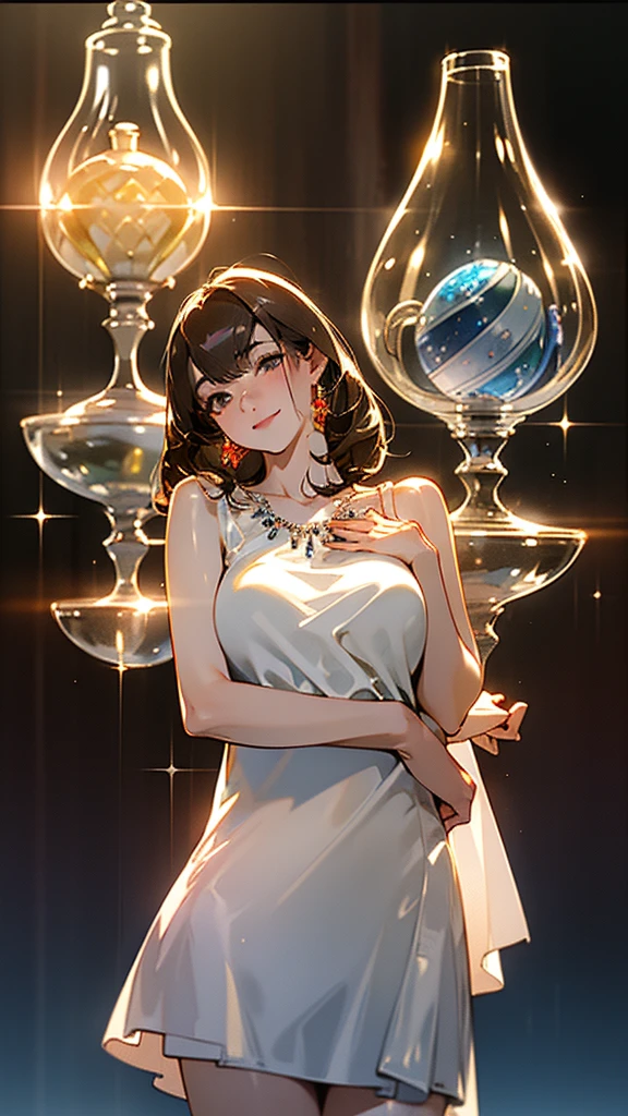 1 japanese girl,(Shiny night dress:1.4),(Bursting huge breasts:1.4)、 (Raw photo, Best Quality), (Realistic, Photorealsitic:1.4), masterpiece, extremely delicate and beautiful, Extremely detailed, 8k wallpaper, amazing, finely detail, extremely detailed CG Unity, hight resolution, Soft light, Beautiful detailed 17 year old girl, extremely detailed eye and face, beautiful detailed nose, Beautiful detailed eyes,Cinematic lighting,city light at night,Perfect Anatomy,Model body,Smiling, (hair messy, asymmetrical bangs, light brown hair,),Cowboy Shot、Gorgeous earrings、Gorgeous necklace、HOURGLASS_body、Model pose:1.5