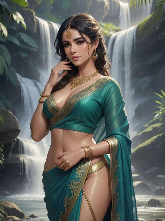 a lady standing under a waterfall, detailed face, beautiful eyes, full lips, long eyelashes, ornate jewelry, sari with open blouse, wet skin, water splashing, lush greenery, dramatic lighting, mist, photorealistic, detailed painting, masterpiece, highly detailed, vibrant colors, dramatic lighting, romantic, sensual, rule 34