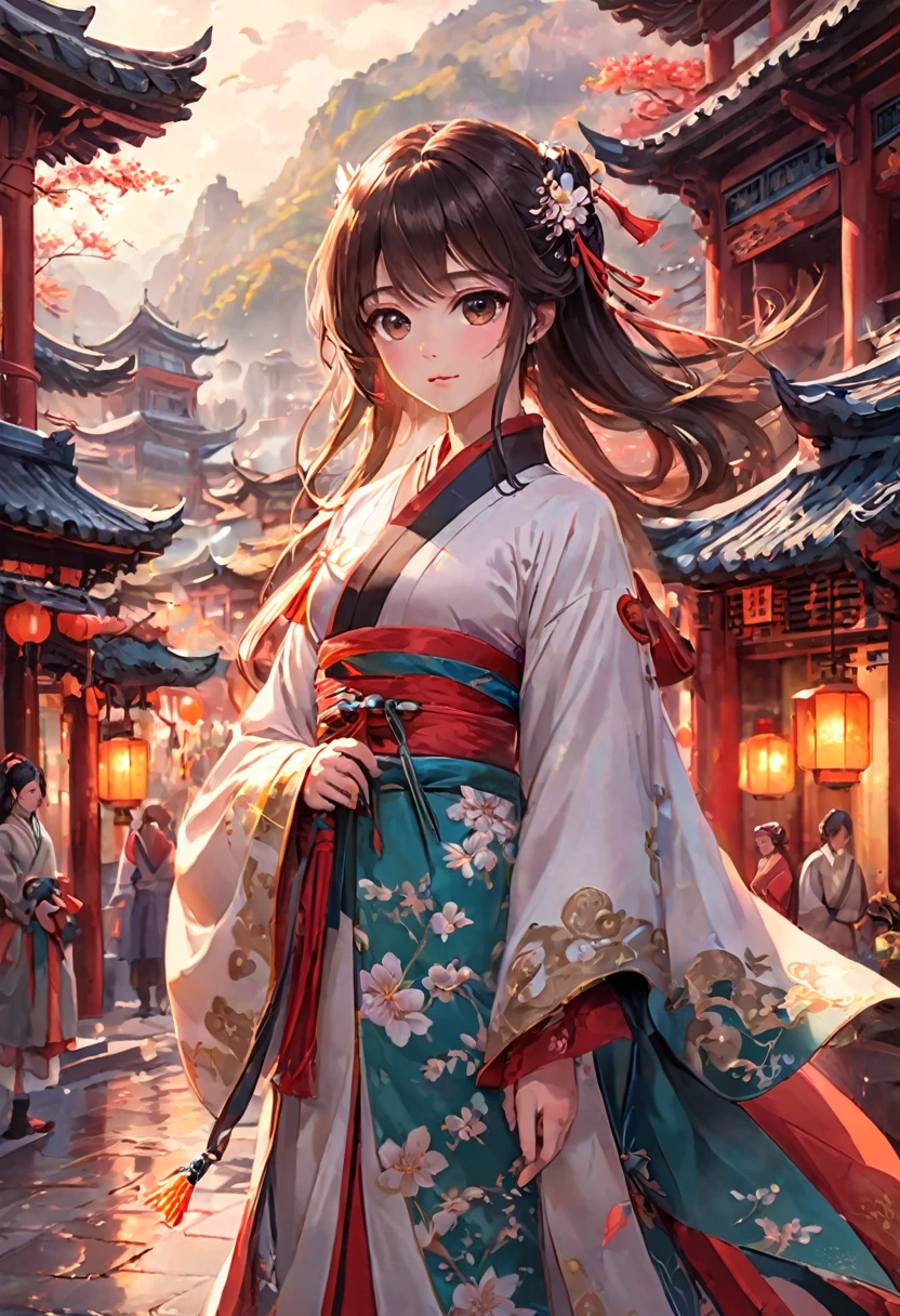 (highest quality,masterpiece:1.2),(Perfect Face:1.5),(Bright Eyes:1.3),Anime scene of a beautiful girl in Hanfu walking down a busy street,(Palaces and magnificent towers over waterfalls),Taoist,(Detailed Hanfu:1.3),Gweiz-style artwork, Anime fantasy illustration, 2.5d cgi Anime fantasy artwork, Anime fantasy artwork, anime art wallpaper 4k, anime art wallpaper 4k, Anime Style 4k, Chinese Fantasy, Fantasy art style, Beautiful artwork illustration, Anime fantasy illustration, Beautiful fantasy art