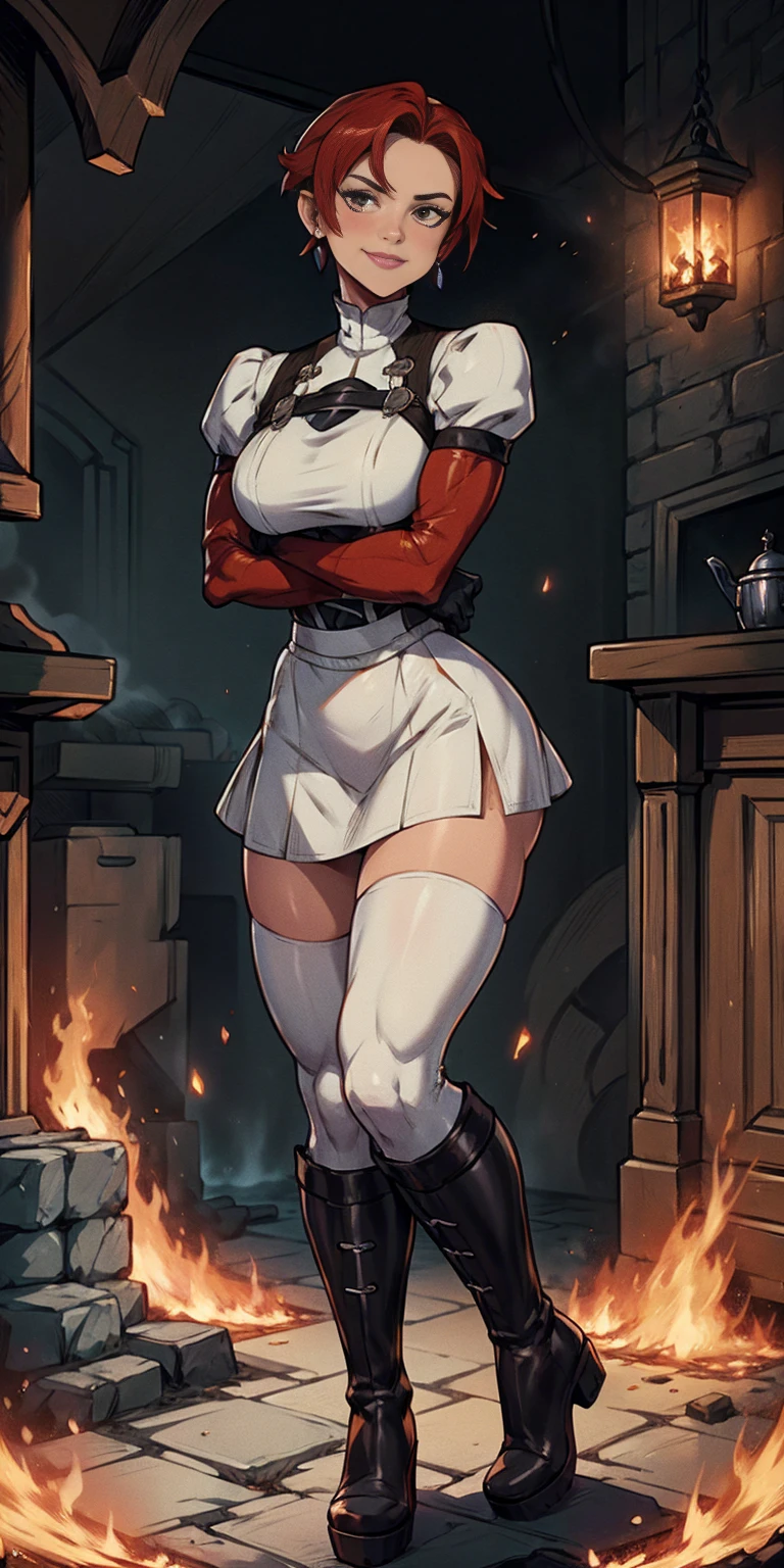 (((1 girl))) short hair, earings ,glossy lips ,team rocket uniform, red letter R, white skirt, white crop top, black thigh-high boots, black elbow gloves, evil smile, looking at viewer, cowboy shot, arms crossed, full body photo Mercedes von Martritz (Fire Emblem: Three Houses)