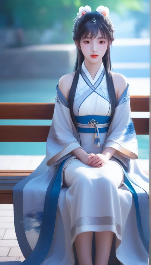 there is a  sitting on a bench with a tiable, an anime drawing by Zhou Wenjing, trending on cg society, fantasy art, guweiz, palace ， a girl in hanfu, artwork in the style of guweiz, beautiful character painting, young anime girl, cute anime waifu in a nice dress, cute anime girl, realistic cute girl painting