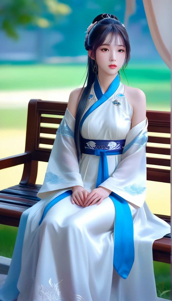 there is a  sitting on a bench with a tiable, an anime drawing by Zhou Wenjing, trending on cg society, fantasy art, guweiz, palace ， a girl in hanfu, artwork in the style of guweiz, beautiful character painting, young anime girl, cute anime waifu in a nice dress, cute anime girl, realistic cute girl painting