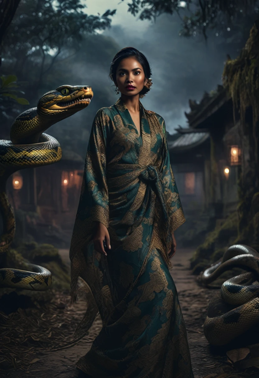 {Une photographie hyper réaliste d'une jeune femme indonésienne en kebaya et en châle, avec un visage magnifique mais effrayant, dansant tandis qu'un grand python s'enroule autour de son corps, l'arrière-plan présente un village désert dans une forêt effrayante, le décor est sombre et inquiétant, avec une atmosphère envoûtante, haute résolution, 8k, détaillé, Photo en gros plan, objectif 50 mm, highly détaillé, HDR, lumière ambiante douce, tons monochromes}
