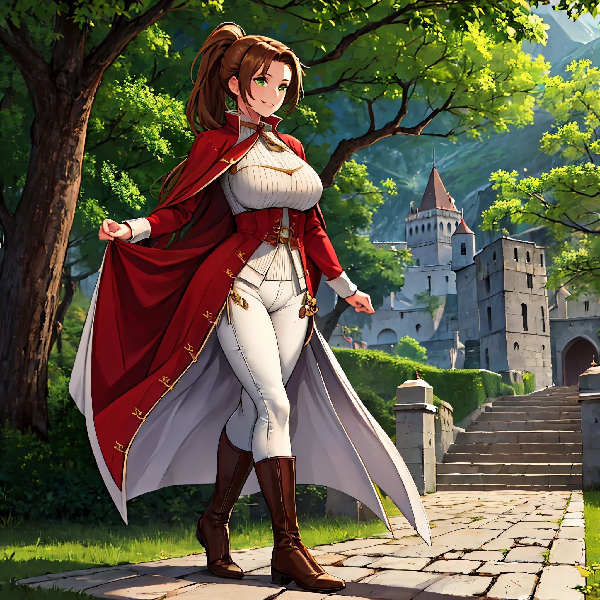 A woman wearing a long red coat from the 1900s, gold details on the coat, tight white pants, black boots, long brown hair, ponytail hair, green eyes, walking outside a large medieval castle, medieval concrete floor, trees background, mountains background, smiling, big breasts,
