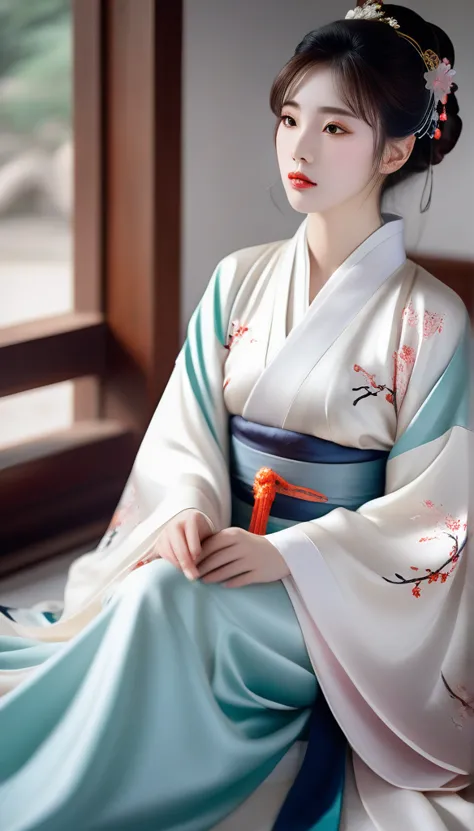 araffe asian woman in a kimono sitting on a bed, white hanfu, palace ， a girl in hanfu, beautiful character painting, chinese st...