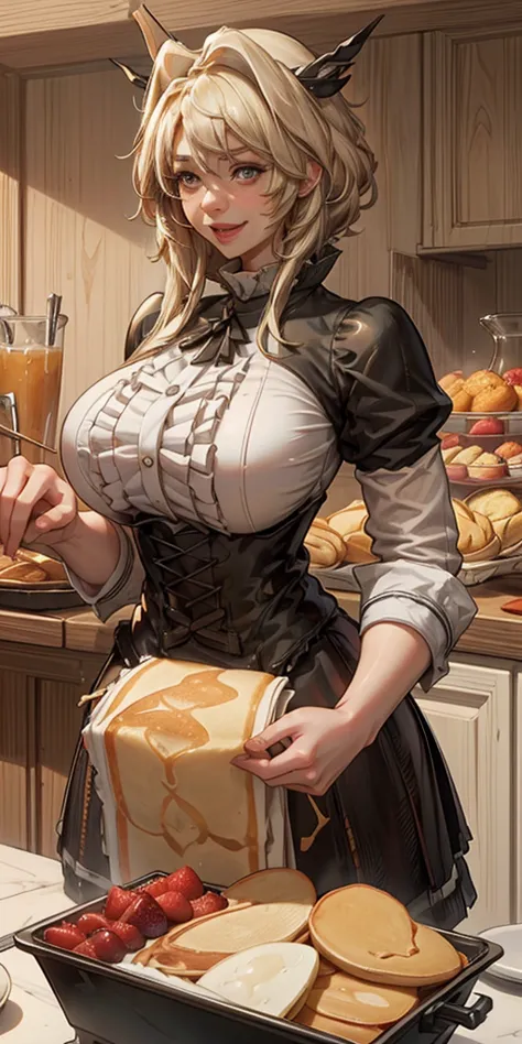 making pancakes in the asteria vk skillet,a blond,twin-tailed,1little girl,woman in her 30s,maid apronl,laughing,kitchin,bento,s...