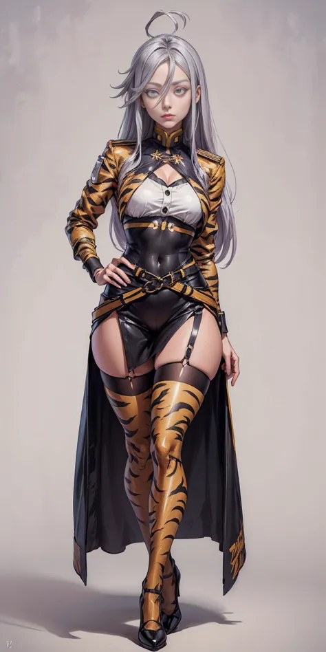 ((Masterpiece, plain background,1:2, masterpiece)) full body standing yellow tiger print stockings, hands on waist, navel, (Vlad...