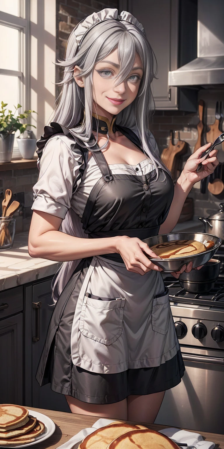 (Vladilena Milize) (grey eyes:1.5), grey hair, hair between eyes, long hair, Making pancakes in the Asteria VK skillet,a blond,Twin-tailed, 1solomilf Woman in her 30s,maid apron,smile,kitchen, The upper part of the body