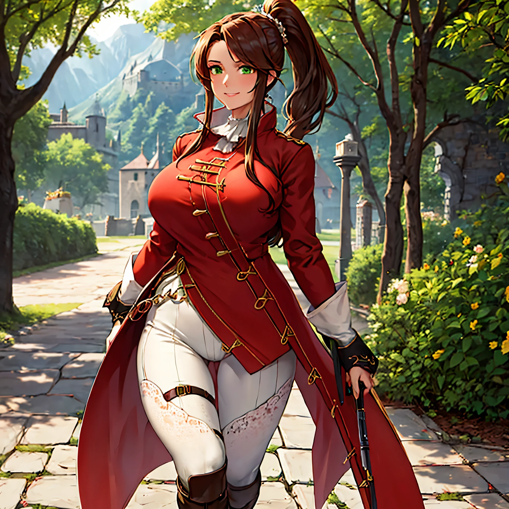 A woman wearing a long red coat from the 1900s, gold details on the coat, tight white pants, black boots, long brown hair, ponytail hair, green eyes, walking outside a large medieval castle, medieval concrete floor, trees background, mountains background, smiling, big breasts,,shadow, flower, UHD, masterpiece, accurate, anatomically correct, textured skin, super detail, high quality, best quality, 8k, high resolution, bokeh effect. (woman alone)
