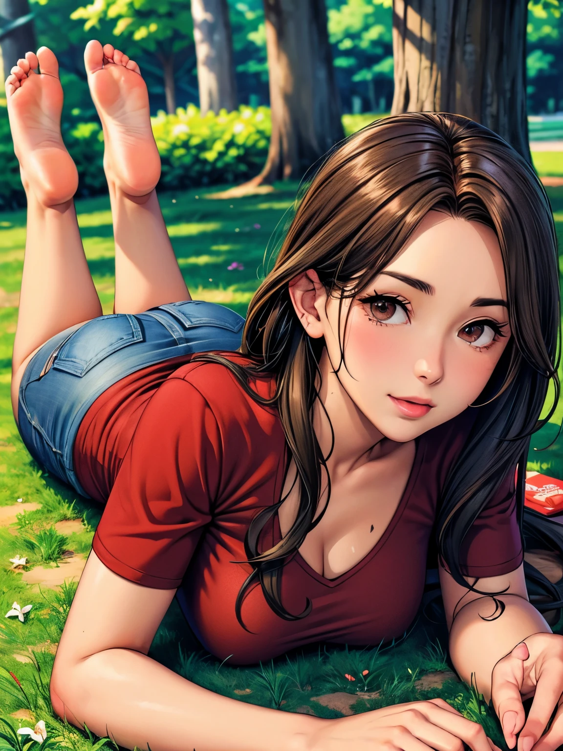 wavy, light brown haired, bronze-tanned, dark-tanned, dark eyed, silly faced, serious looking, wearing piercing, fit, lady wears red shirt, blue jean shorts and she is lying face down on a grass in a park of forest, on a picnic carpet, she stretched her legs to front and her feet soles shown obvously, feet, feet soles, soles