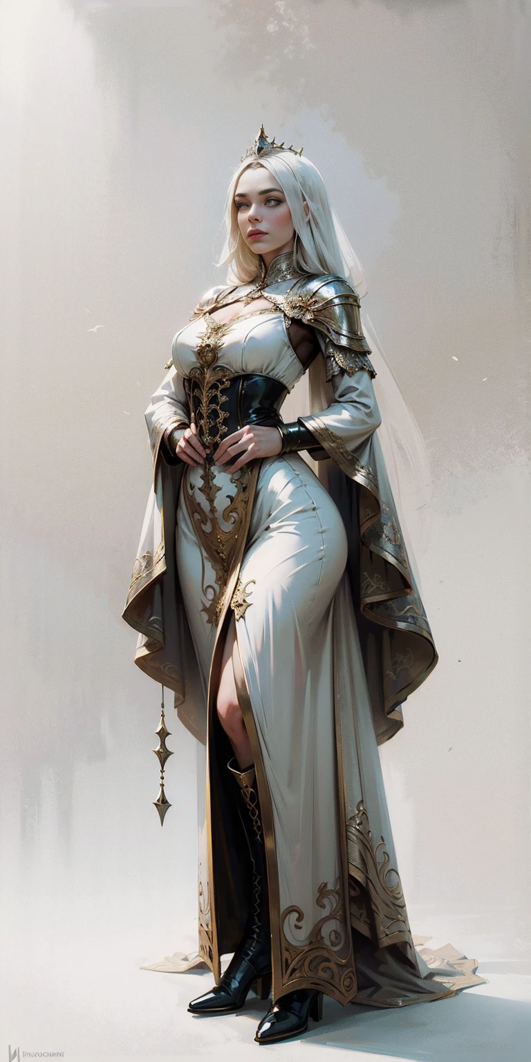 full body of a woman in a dress with a veil, feet together, standing feet together, militar boots, beautiful fantasy maiden slave warrior, beautiful fantasy art portrait, fantasy victorian art, medieval fantasy art, beautiful and elegant queen Roxxane, portrait of queen of light, fantasy portrait art, gothic fantasy art, a beautiful fantasy empress, ((white background)) hands on hips