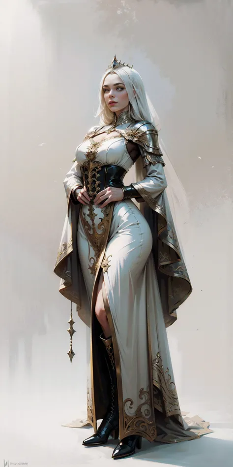 full body of a woman in a dress with a veil, feet together, standing feet together, militar boots, beautiful fantasy maiden slav...