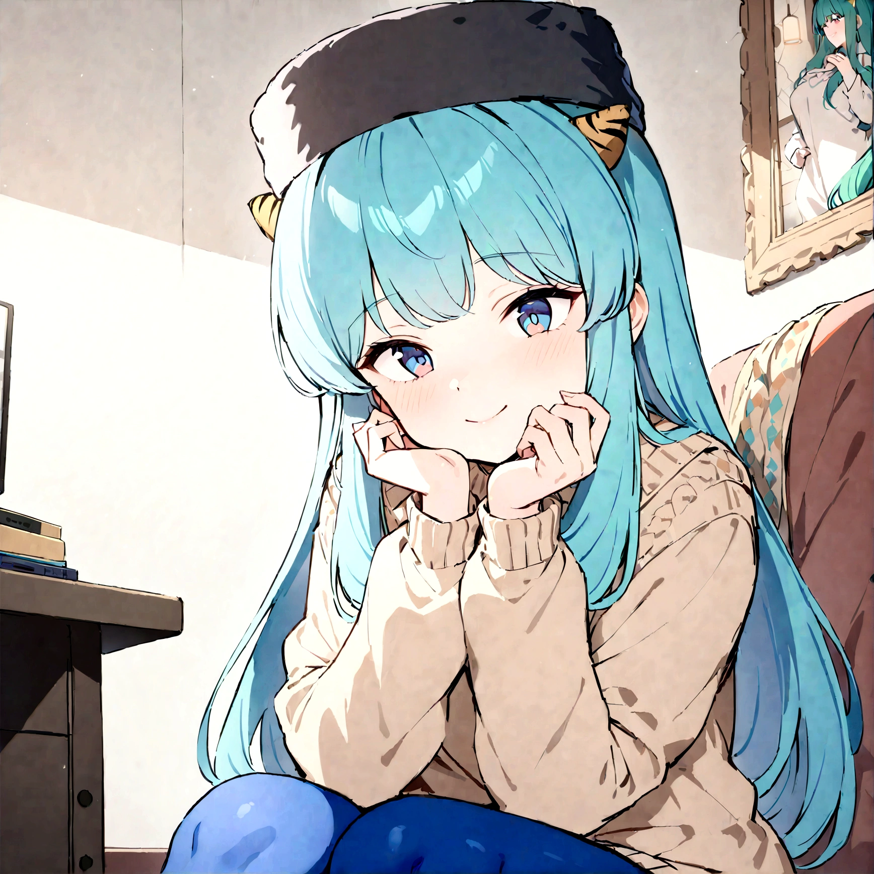 lum, solo, long hair, breasts, dark blue eyes, eyeshadow, dark green hair, bangs, tiny tiger-stripped horns, aqua hair, tsundere, a woman knitting a scarf in the living room, wearing a sweater and a ushanka hat, with a joyful and endearing expression on her face, (best quality,4k,8k, highres, masterpiece:1.2), ultra-detailed), warm lighting, cozy atmosphere, soft colors, intricate knitting details, comfortable home interior, detailed facial features, beautiful eyes and smile, joy face, tender emotion, lysitheauniform, uniform, long sleeves, blue pantyhose