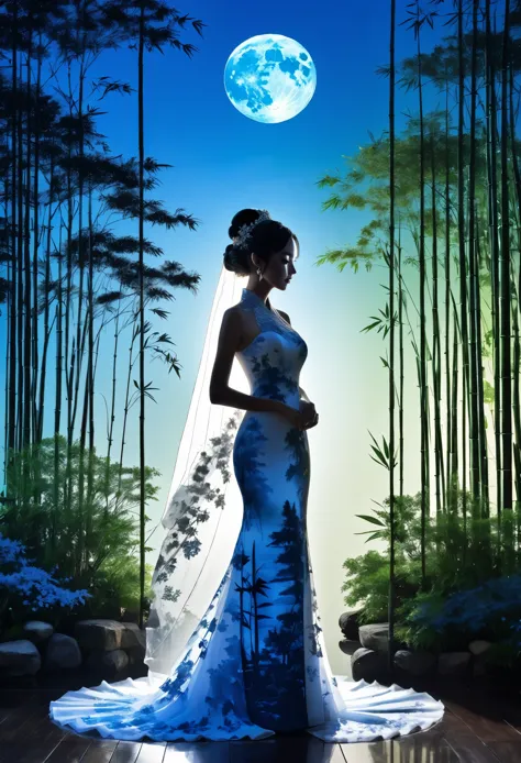 (((silhouette art:1.4))), 1Bride attire, (Double Exposure:1.3), A restaurant wedding overlooking a Japanese garden with a bamboo...