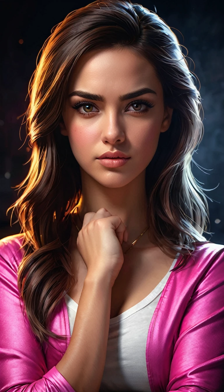 Full body shot, a mean girl with crossed arms on her chest, detailed feisty face, malicious expression, mischievous smile, the devil himself is afraid of her, realistic digital painting, ultra-detailed, 8k, photorealistic, professional, vivid colors, strong lighting, dramatic atmosphere, moody lighting, dynamic pose, high contrast, sharp focus, impactful composition