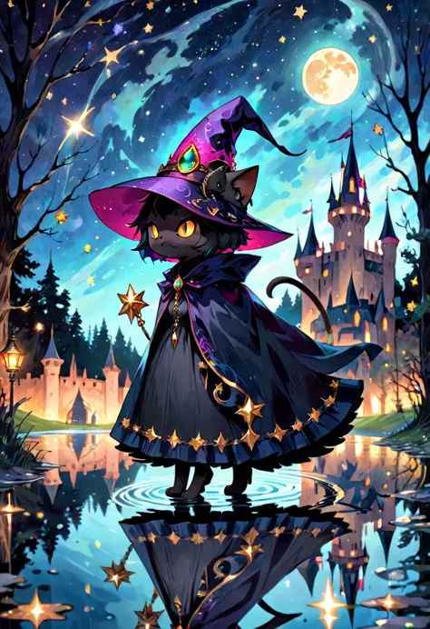 black cat, solo, alone, witch, hat, cloak, black short hair, long tail, jewelry, gems, sparkle effect, ornaments, walking on wat...