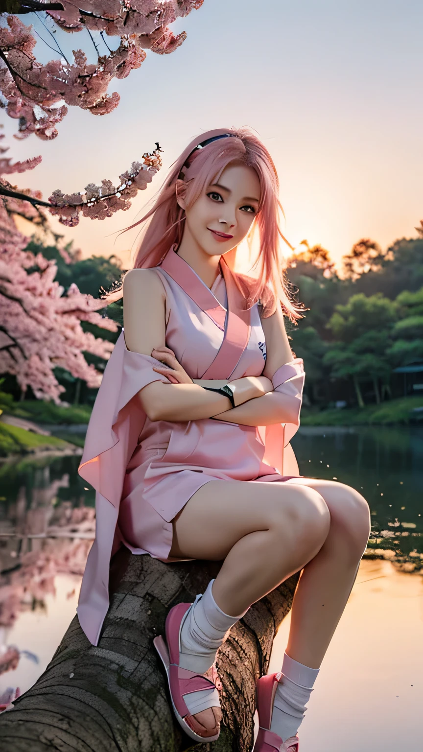 Professional photography of a beautiful girl with medium pink hair, wearing sakura clothes from naruto anime movie & that clothes completed with ninja bandana & ninja shoes, sitting on a large tree branch with arms crossed, smiling faintly, beautiful fantasy forest with sunset on the background