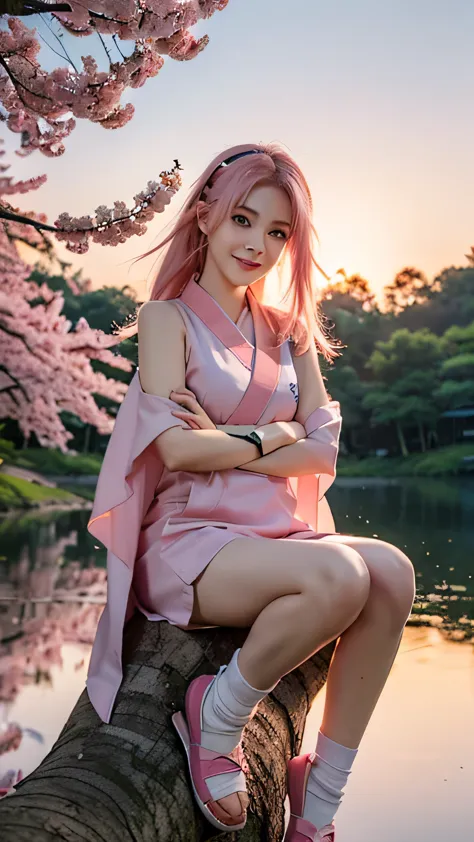 Professional photography of a beautiful girl with medium pink hair, wearing sakura clothes from naruto anime movie & that clothe...