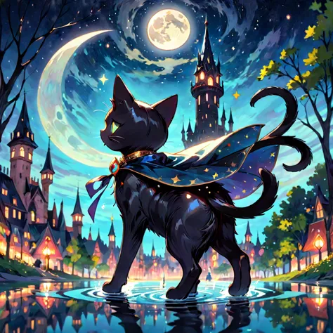 black cat, alone, alone, witch, have, cape, black short hair, long tail, jewelry, gem, shine effect, decorations, walking on wat...