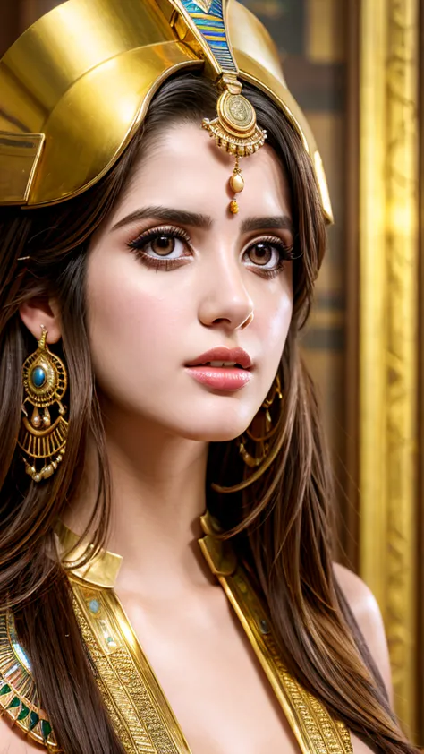 Cinematic portrait, professional cinematography, a close up of a woman in a gold outfit with an egyptian mask, beautiful cleopat...