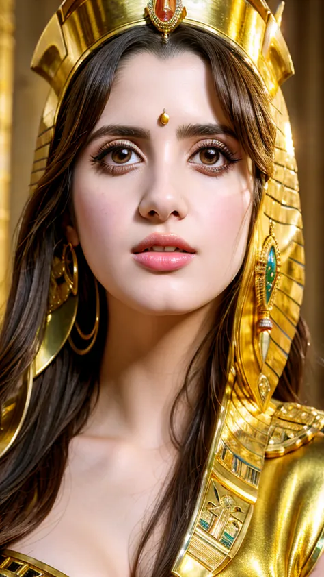 Cinematic portrait, professional cinematography, a close up of a woman in a gold outfit with an egyptian mask, beautiful cleopat...
