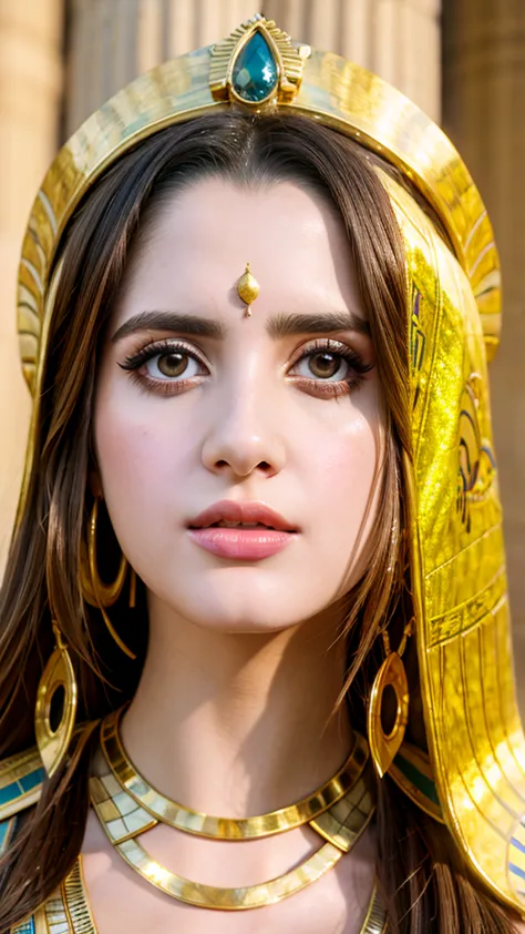 Cinematic portrait, professional cinematography, a close up of a woman in a gold outfit with an egyptian mask, beautiful cleopat...