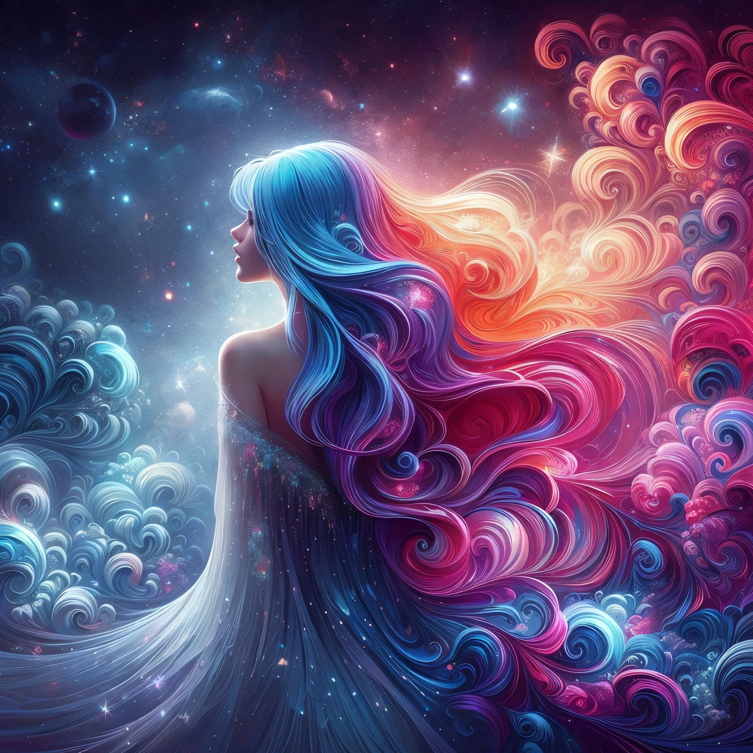 （tmasterpiece，top-quality，best qualityer，，offcial art，Beauty and aesthetics：1.2），（1girll：1.3），（s fractal art：1.3），The upper part of the body，Elegant dress，seen from the side，looking at viewert，（rainbow colour hair，The color hair，Half blue and half pink hair：1.2），Eau，liquids，​​clouds，Colorful，Starry，As estrelas，