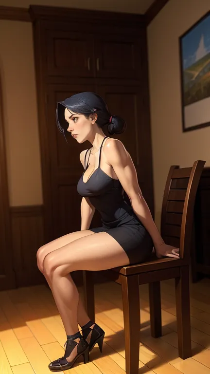 there is a woman sitting on a chair in a room, Arte detalhada de alta qualidade 8k, preto, garota anime sedutora, artgerm extrem...
