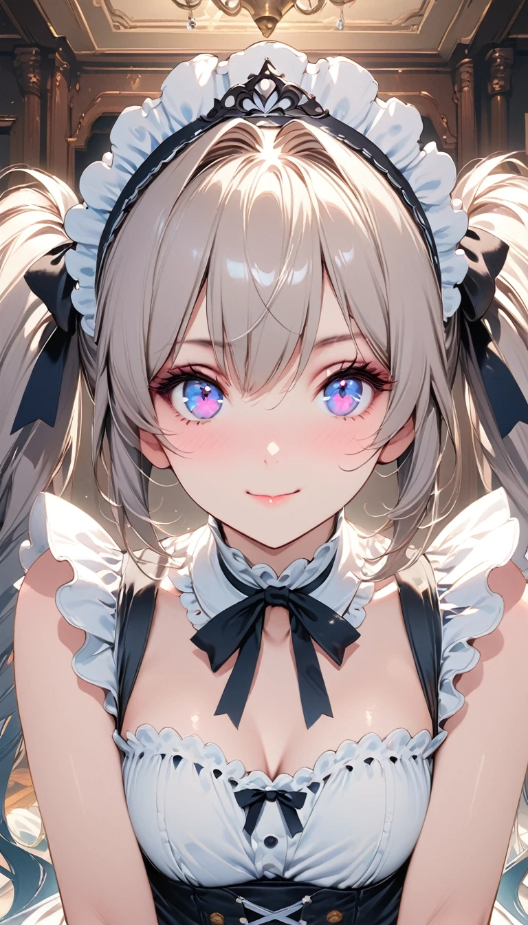 ((masterpiece )), (highest quality), (highest quality), ((Super detailed, 8K quality)), aesthetics, Volumetric lighting, (Detailed line drawing), 
break, 
Very detailed (Fairy), (One girl), Perfect Face, Details, Double Pigtails, Blunt bangs, (Hair between the eyes), Gray Hair, blue eyes, eyelash, eye shadow, pink eye shadow, A light smile, Design art by Artgerm, Kawashi, by Yoshitaka Amano,
break,
Portraiture, French maid dressed in French maid uniform, Victorian Goth Maid, Head ornament, indoor, ((Antique Victorian Mansion)), Dusty, It&#39;s dim, Candle Holder, Covered in spider webs, Cowboy Shot, Dynamic Angle, Side table, Dangling your legs, Sleepy eyes, Tired look, Extreme boredom, View Viewer, Place your chin on your hand, (Graphic Background, (Plain background)), Correct Anatomy, amano yoshitaka, Webbed Tech, A blurry, organic web, eroguronansensu, Horror, goat, Gothic art style,
break, 
((Perfect Anatomy)), Nice body, Mid-chest, Very detailed指, The best move, Perfect Face, Beautiful Face, Beautiful Eyes, Perfect Eyes, Perfect Fingers,