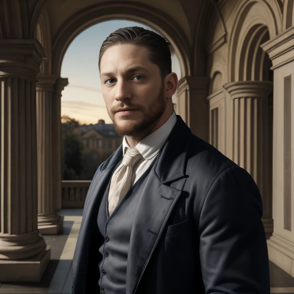 Tom Hardy, Pintura renacentista, detaillierte Beschreibung, Physikalische Eigenschaften, Renaissance-Kleidung, Wams aus Samt, Seidenumhang, Sanftes Abendlicht, nachdenklicher Ausdruck, Haltung und Präsenz, Architektonischer Hintergrund, Wandteppiche und Marmorsäulen, Schnittstelle zwischen Vergangenheit und Gegenwart, Realismus und Detail, Charisma und Geheimnis