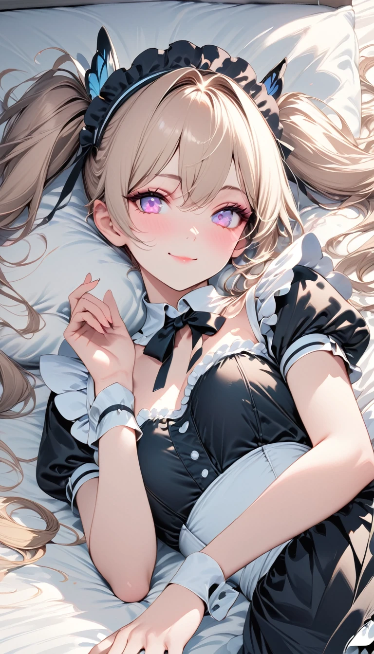 Blonde twin-tailed maid girl,((masterpiece )), (highest quality), (highest quality), ((Super detailed, 8K quality)), aesthetics, Volumetric lighting, (Detailed line drawing), break, Very detailed (Fairy), (One girl), Perfect Face, Details, Double Pigtails, Blunt bangs, (Hair between the eyes), Gray Hair, blue eyes, eyelash, eye shadow, pink eye shadow, A light smile, Design art by Artgerm, Kawashi, by Yoshitaka Amano, break, Portraiture, French maid dressed in French maid uniform, (((Poses that show the whole body))),Lying in bed