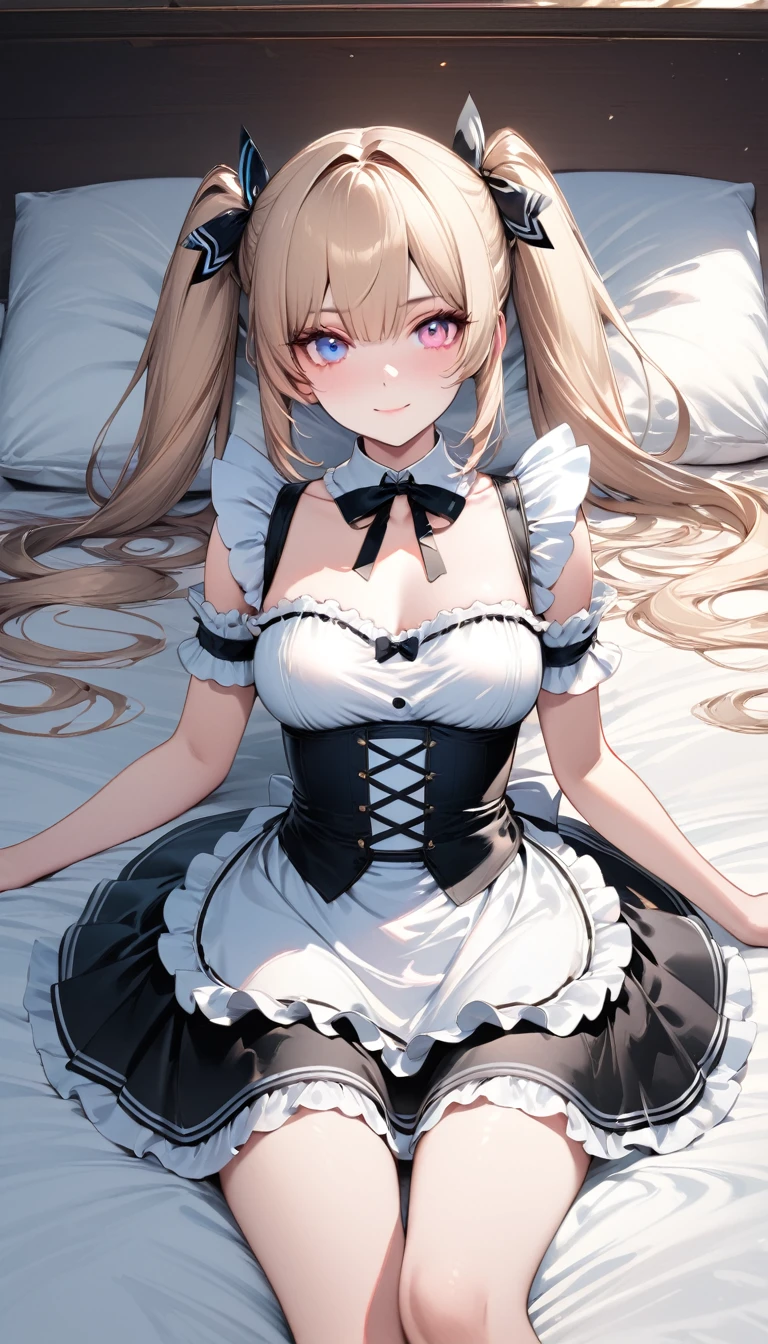 Blonde twin-tailed maid girl,((masterpiece )), (highest quality), (highest quality), ((Super detailed, 8K quality)), aesthetics, Volumetric lighting, (Detailed line drawing), break, Very detailed (Fairy), (One girl), Perfect Face, Details, Double Pigtails, Blunt bangs, (Hair between the eyes), Gray Hair, blue eyes, eyelash, eye shadow, pink eye shadow, A light smile, Design art by Artgerm, Kawashi, by Yoshitaka Amano, break, Portraiture, French maid dressed in French maid uniform, (((Poses that show the whole body))),Lying in bed